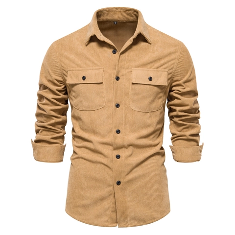 Men Vintage Corduroy Shirts Long Sleeve Cotton Blend Casual Workwear Slim Fit Button Down Shirts With Pockets Solid Camo