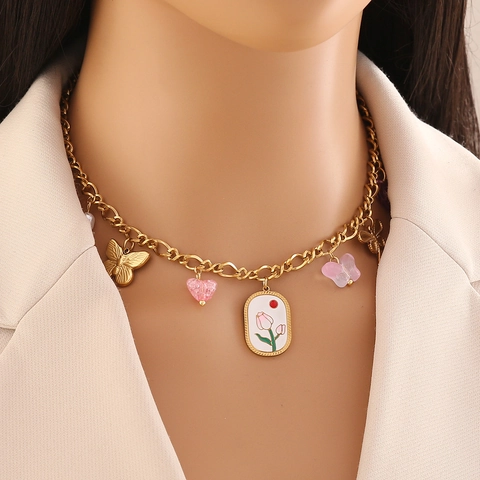 Collana Con Pendente Cuore Farfalla In Acciaio Inossidabile Vintage Placcata Oro Smalto Gioielli Dolce Per Donne