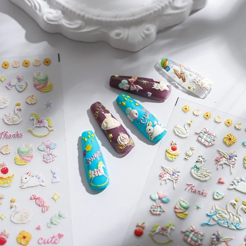 3D Embossed Nail Stickers Relief Self Adhesive Plastic Decals Cartoon Swan Unicorn Rabbit Fairyland Theme Cute DIY Manicure Decor
