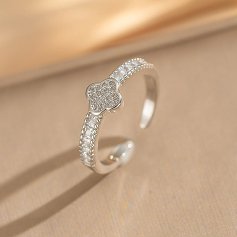 Clover Open Adjustable Ring Copper Gold Plated Full Zircon Rhinestone Luxury Fashion Jewelry For Women
