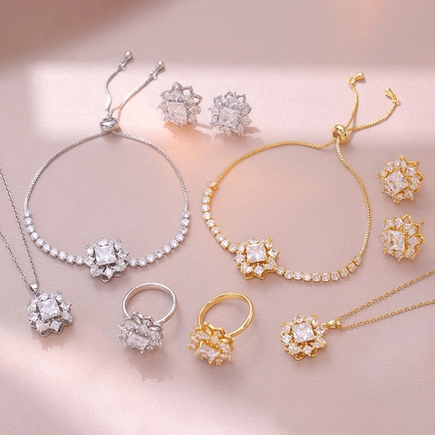 Rotating Zirconia Flower Jewelry Set Stainless Steel Necklace Earrings Ring Bracelet For Women Elegant Fashion Jewelry Set Gift