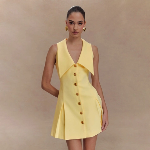 Vestito Mini Senza Maniche Donna Colletto A Contrasto Monopetto Bottoni Dorati Pieghe Linea A Sexy Slim Fit