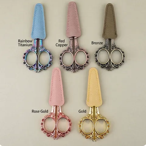 Retro Stainless Steel Embroidery Scissors With Floral Embossed Zinc Alloy Handle And PU Leather Sheath Sharp Tip Crafting Tool
