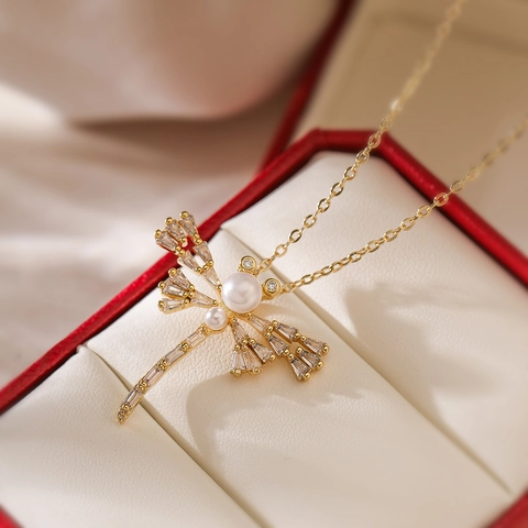 Collana Con Ciondolo A Libellula Rame Placcato Oro Zirconia Perla Artificial Sintetica Gioielli Eleganti Per Donna