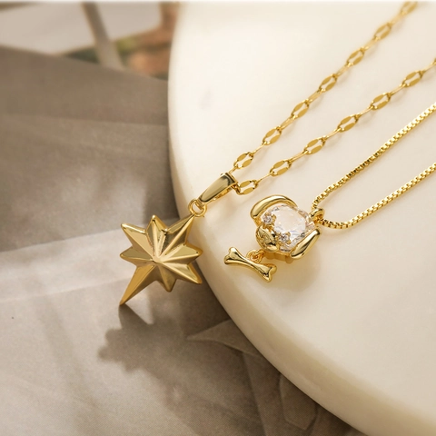 18K Gold Plated Copper Pendant Necklace For Women Minimalist Cute Dog Head Bone Eight Pointed Star Rhinestone Clavicle Chain Jewelry