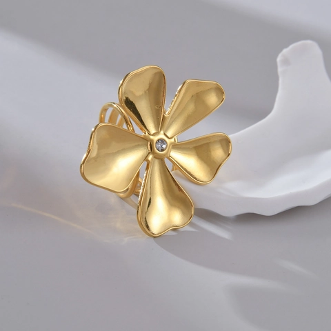 Vintage 304 Stainless Steel Lucky Five Leaf Clover Open Ring For Women 18K Gold Plated Rhinestone Flower Adjustable Jewelry