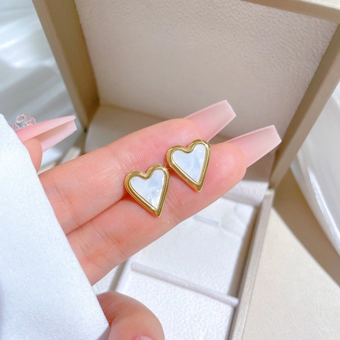 Heart Stud Earrings Stainless Steel With White Mother Of Artificial Pearl Inlay Minimalist Elegant Jewelry For Women