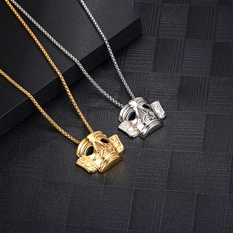 Vintage Mystery Mask Pendant Necklace Titanium Steel Retro Totem Jewelry For Men Women