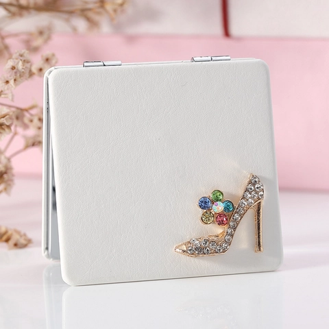 Specchio Da Trucco Compatto Portatile Pelle PU Doppio Lato Pieghevole Decorazione Tacco Alto Strass Per Viaggio