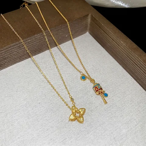 Collana In Rame Placcato Oro Pendente Fiore Vuoto Zircone Ruota Della Preghiera Smalto Gioielli Moda Vintage Donna