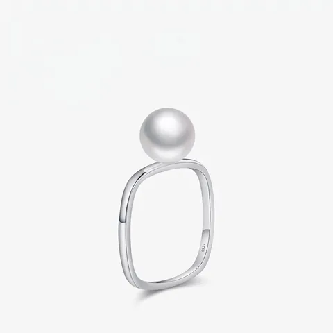 Eleganter Künstliche Perlenring 925 Sterling Silber Minimalistisches Quadratisches Band Französischer Stil Damen Schmuck