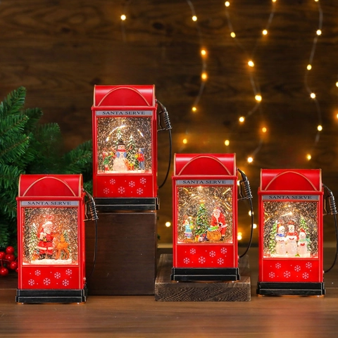 Vintage Gas Pump Christmas Water Lamp Snowing Music Box LED Glowing Holiday Desktop Ornament Plastic Decorative Gift