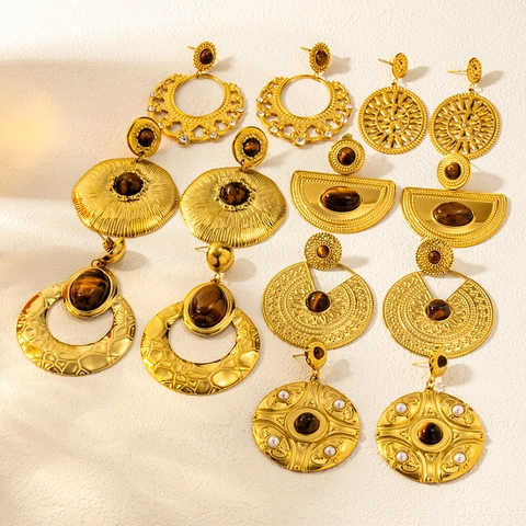 Orecchini Pendenti Bohemien Vintage Donne Acciaio Al Titanio Placcato Oro Pietra Occhio Di Tigre Perno In Acciaio Inossidabile