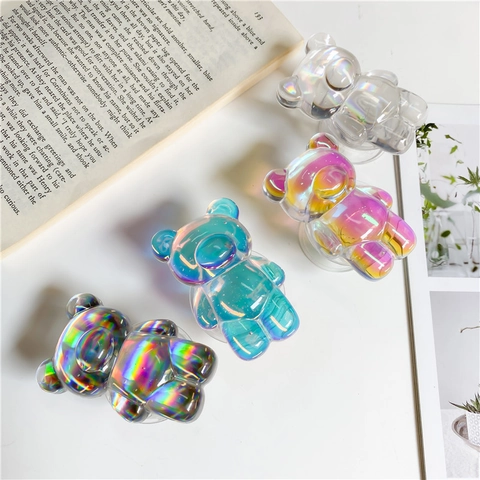 Iridescent Holographic 3D Bear Phone Grip Stand Transparent Resin Rainbow Cute Animal Mobile Socket Holder