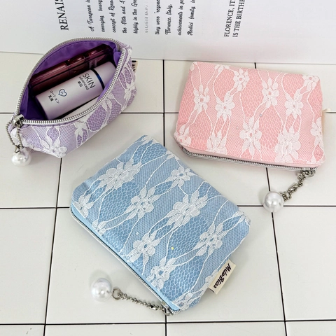 Mini Lace Coin Purse With Artificial Pearl Charm Floral Portable Makeup Storage Bag Zipper Pouch Sweet Style For Women