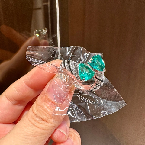 Anillo Abierto Para Mujer Con Circón Verde Triangular Lujo Retro Banda De Ondas Geométricas Cobre Plateado Joyería
