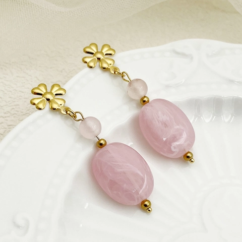 Pink Natural Stone Drop Earrings Stainless Steel Gold Flower Stud Sweet Elegant Jewelry For Women