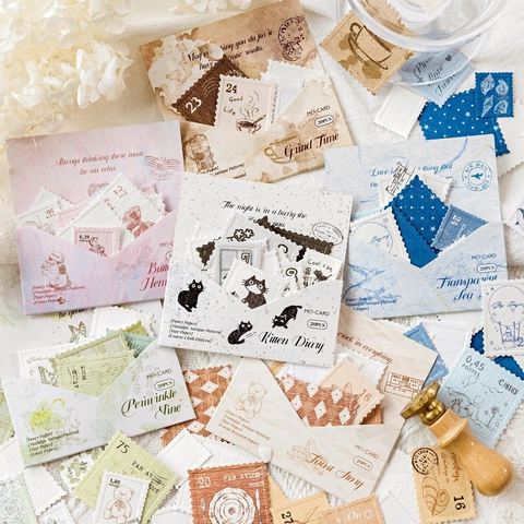 Vintage Postzegel Stickers Speciaal Papier Reliëf Textuur Decoratieve Journaling Scrapbooking DIY Knutselen Bloem Dier Kunst