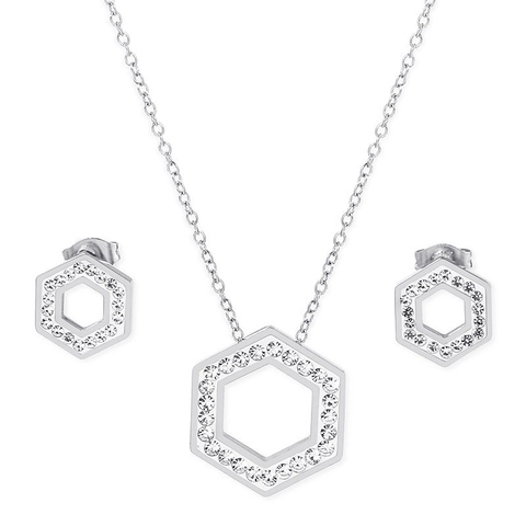 Collana E Orecchini Esagono Nido D Ape Gioielli Acciaio Inossidabile Strass Geometrico Elegante Per Donne