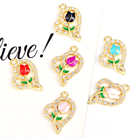 Pendenti Tulipano Cuore Lega Strass Smalto Ciondoli Floreali Per DIY Collana Orecchino Creazione Gioielli
