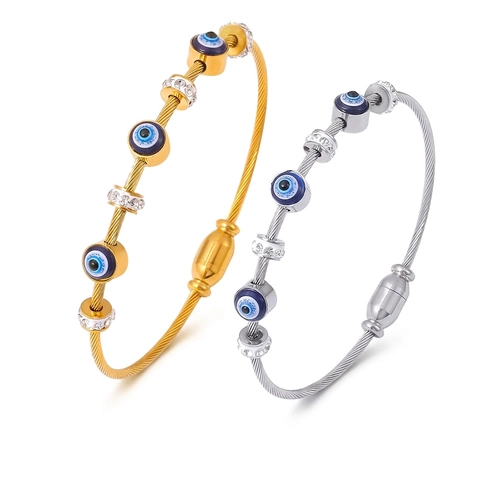 Evil Eye Twisted Cable Bracelet Titanium Steel Enamel Nazar Charm Bangle With Rhinestone Magnetic Clasp Gold Plated