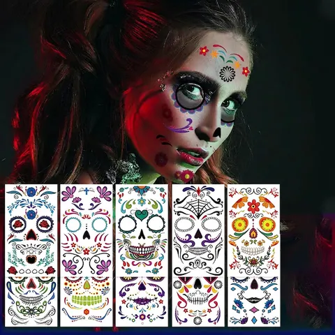 Halloween Face Temporary Tattoo Stickers Waterproof Cartoon Sugar Skull Floral Design For Festival Party Makeup