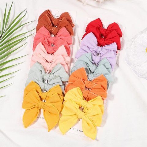 Bow Hair Clips Cotton Linen Fabric Fully Wrapped Metal Barrette Solid Color Handmade For Baby Toddler Kids Princess Style