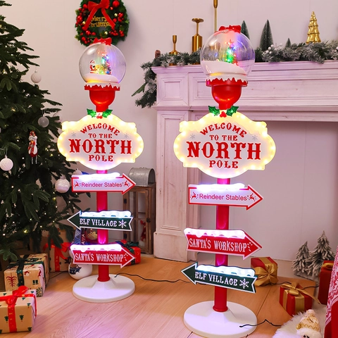 Lampada Da Terra Segnale Stradale Di Natale Con Luce LED E Palla Di Neve Polo Nord Cartelli Villaggio Elfi Decorazione Plastica