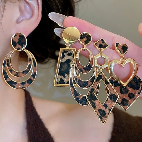 Orecchini Pendenti Geometrici Stampa Leopardata Stile Maillard Retro Lega Con Perno In Argento Sterling 925
