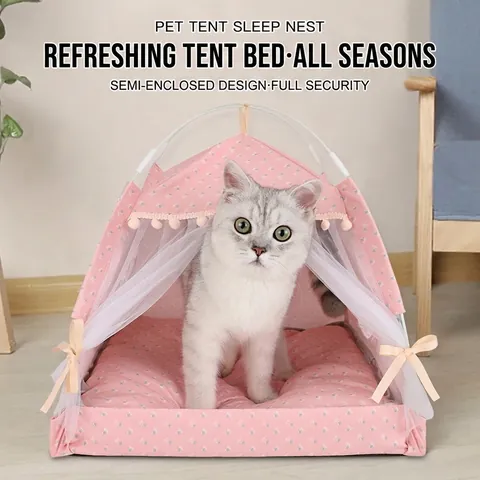 Tente Pour Animaux De Compagnie Nid Chat Maison Chien Lit Semi Fermé Respirant Motif Floral Polyester Avec Tige En Fibre