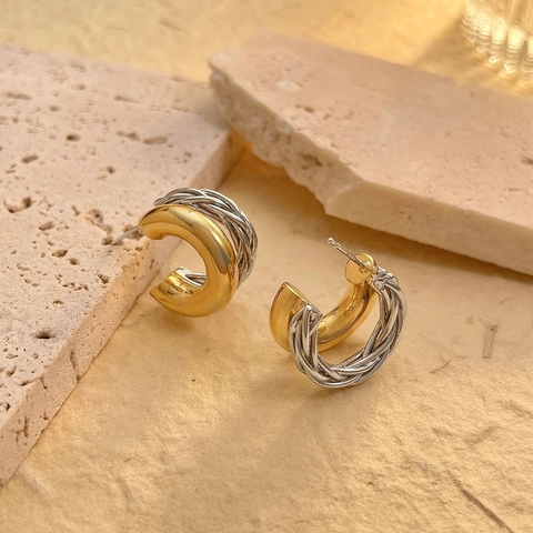 Franse Retro Koperen C-Vormige Oorknopjes Met 925 Sterling Zilver Stift Goud Zilver Gemengde Tweekleurige Gedraaide Oorbellen