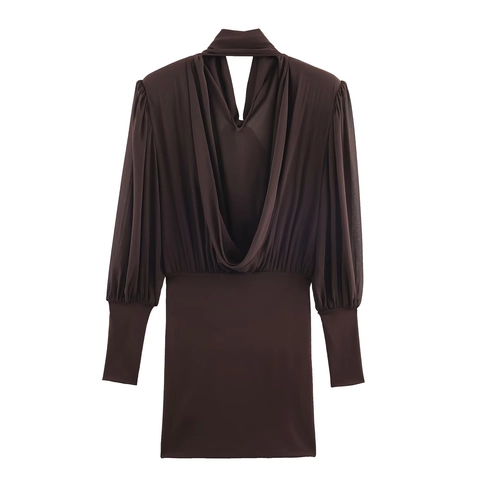 Elegantes Langarm Minikleid Acetat Satin Polyester Schluppenkragen Plissiert Bodycon Slim Fit Kaffeebraun Vintage Party