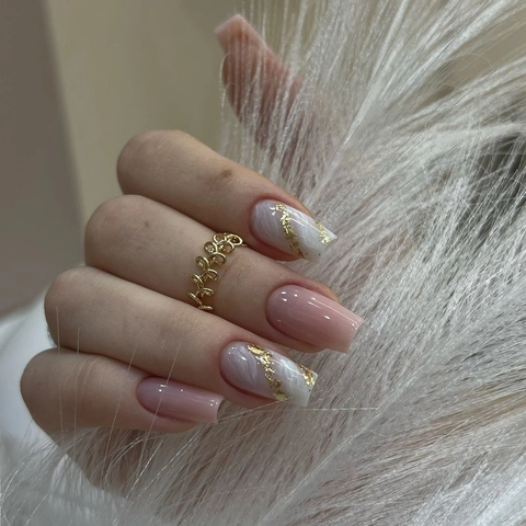 Faux Ongles Press On Coffin Long Rose Marbre Blanc Feuille D Or Paillettes Brillant Style Ballerine Pour Femmes