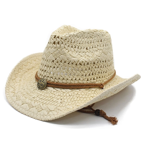 Western Cowboy Hat Paper Straw Hollow Out Wide Brim Foldable Sunscreen Beach Vintage Style For Men Women