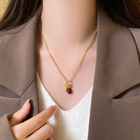 Collana Con Ciondolo A Doppia Zucca Rame Placcato Oro 18K Stile Agata Rossa Gioielli Cinesi Vintage Donna