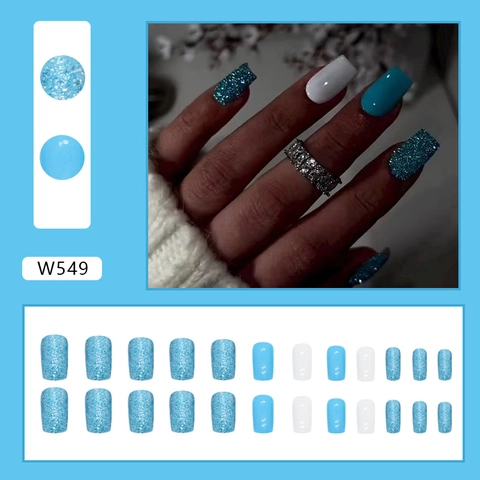 Uñas Postizas Cuadradas Medianas Largas Azul Con Purpurina Blanco Color Sólido Plástico Estilo Fresco Para Mujeres
