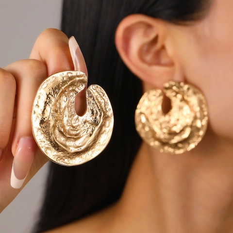 Irregular Hammered Texture Alloy Stud Earrings Exaggerated Lava Ripple Minimalist Vintage Fashion Jewelry For Women