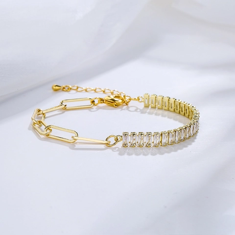Baguette Cubic Zirconia Patchwork Bracelet Gold Plated Copper Geometric Paperclip Chain Jewelry For Women