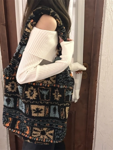 Borsa Tote In Peluche Donna Grande Capacità Motivo Etnico Pelliccia Sintetica Morbida Borsa A Spalla Inverno