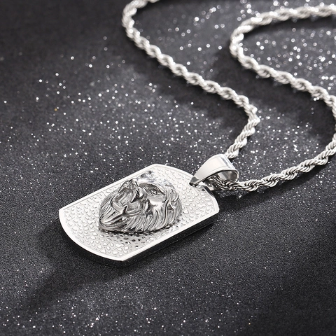 Lion Head Pendant Stainless Steel Rhinestone Eyes Hip Hop Dog Tag Shape Streetwear Jewelry For Men