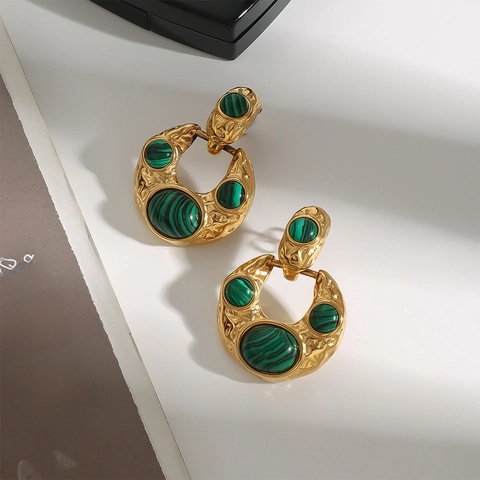 Orecchini Con Trama Martellata E Intarsio In Malachite Acciaio Inossidabile Gioielli Geometrici Retrò Per Donne