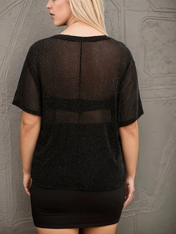 T-Shirt In Rete Trasparente Taglie Forti Da Donna Glitter Girocollo Manica Corta Elegante Sexy Nero Top