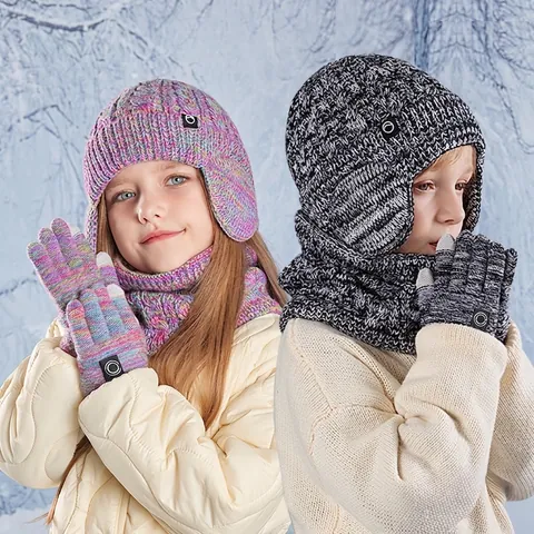 Kids Winter Knitted Hat Scarf And Gloves Set Fleece Lined Warm Ear Protection Outdoor Thick Acrylic Thermal