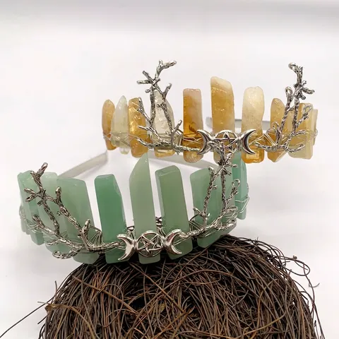 Naturkristall Krone Stirnband Dreifachmond Pentagramm Legierung Ast Hexe Bohemian Braut Haarschmuck