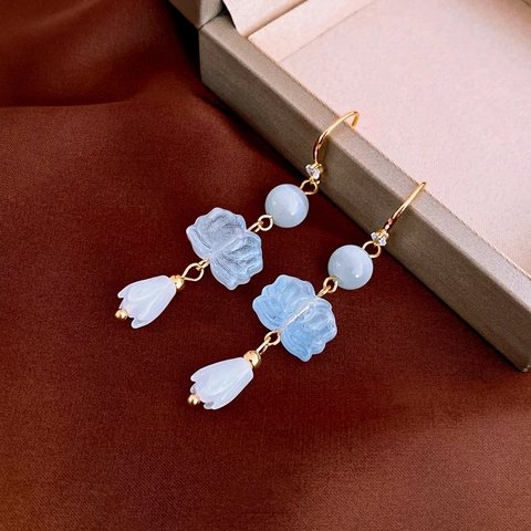 Orecchini Pendenti Con Loto E Mughetto In Rame Placcato Oro Con Zirconi Incastonati Stile Cinese Elegante Per Donna