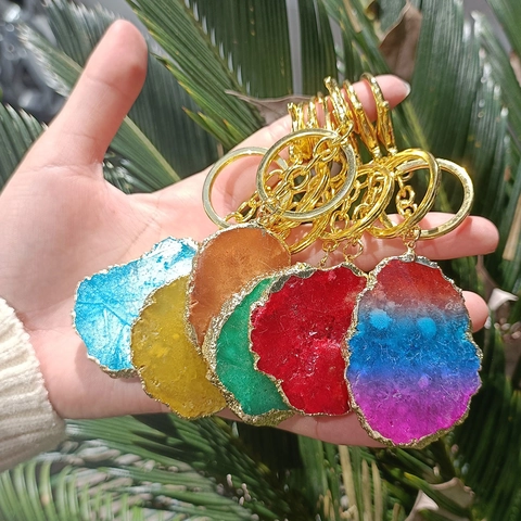 Llavero de Ágata Natural Rebanada Llavero de Piedra de Cristal Irregular Borde Chapado en Oro Colgante para Bolso Regalo para Hombre Mujer