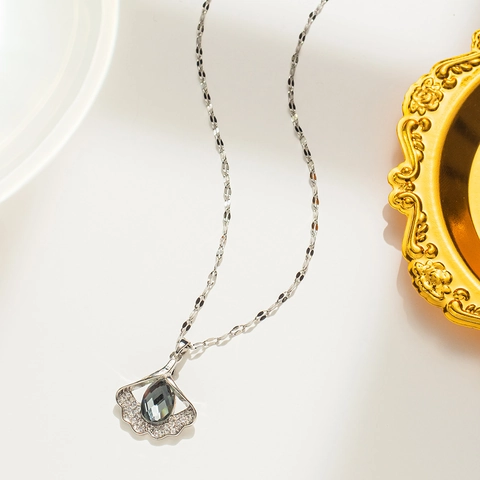 Titanstahl Ginkgoblatt Anhänger Halskette Für Damen Elegant Strass Eingelegt Fächerförmig Schlüsselbeinkette Schmuck Geschenk