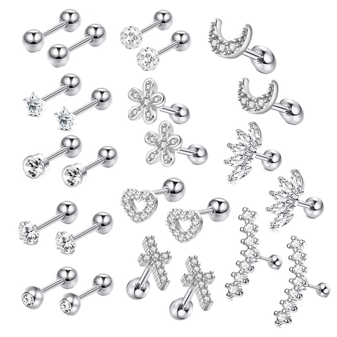 Stainless Steel Zirconia Stud Earrings Set For Women Piercing Cartilage Earrings Heart Moon Star Shape Jewelry