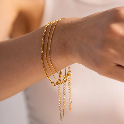 Minimalist Gold Plated Stainless Steel Rope Snake And Bead Chain Bracelets For Women Adjustable Elegant Jewelry Accessories