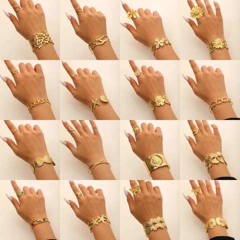 Stainless Steel Bracelet And Ring Bohemian Vintage 18K Gold Plated Sun Starfish Shell Butterfly Eye Flower Women Jewelry